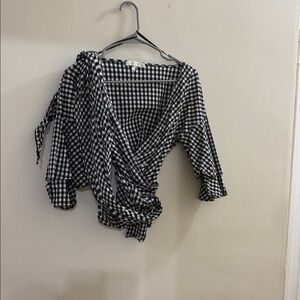 Wayf Black and White Checkered Wrap Blouse